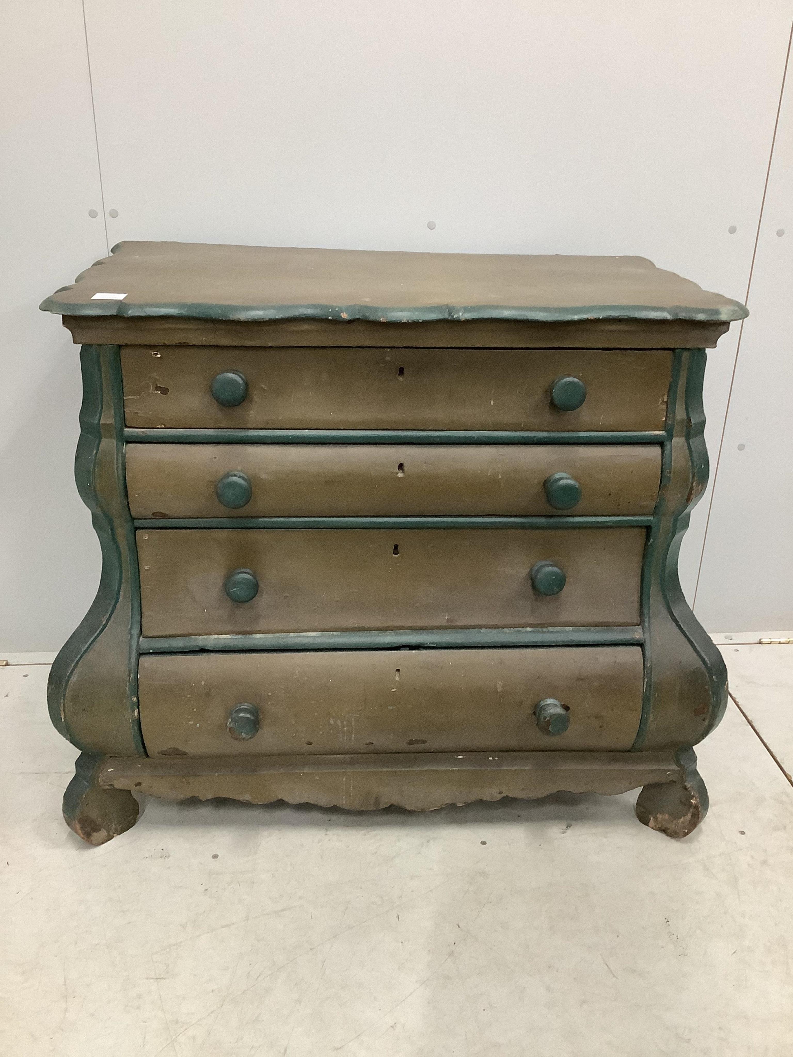 An 18th century Dutch pine bombe fronted chest of drawers, later painted, width 94cm, depth 54cm, height 88cm. Condition - fair